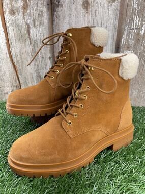 Lauren Ralph Lauren Carlee Whiskey Suede Combat Bots Faux-shearling Women's 7.5